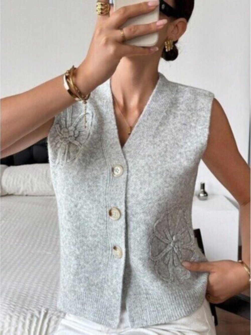 Women's Single Breasted V-Neck Leopard Print Knit Vest, Autumn/Winter